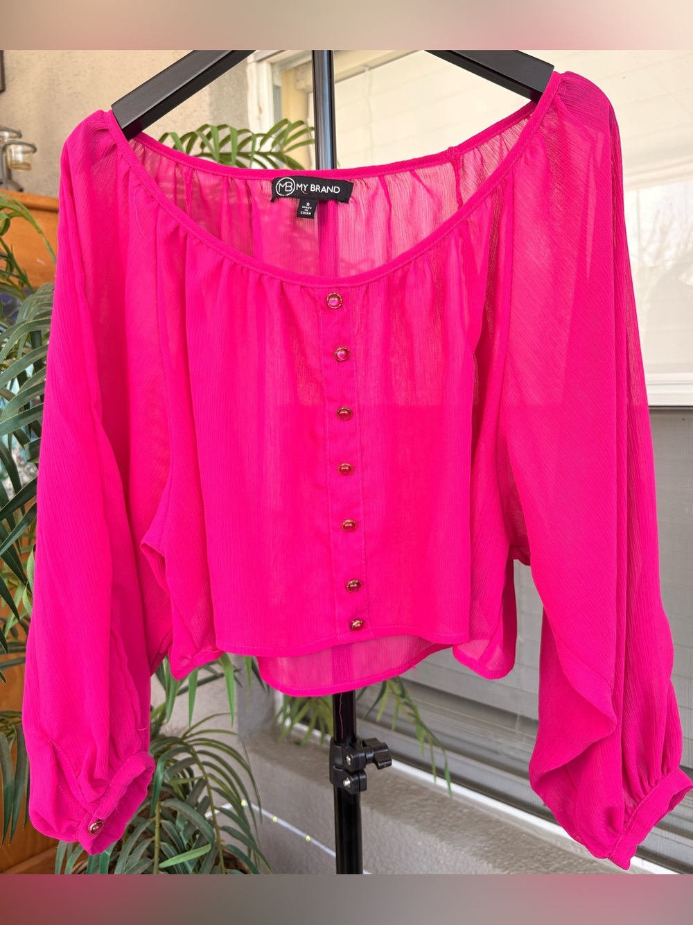 Fuchsia Sheer Button-Front Blouse